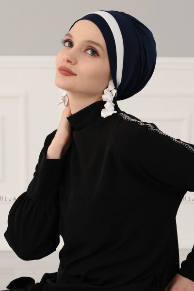 Elsa - Turbante Di Cotone Blu Navy & Creme