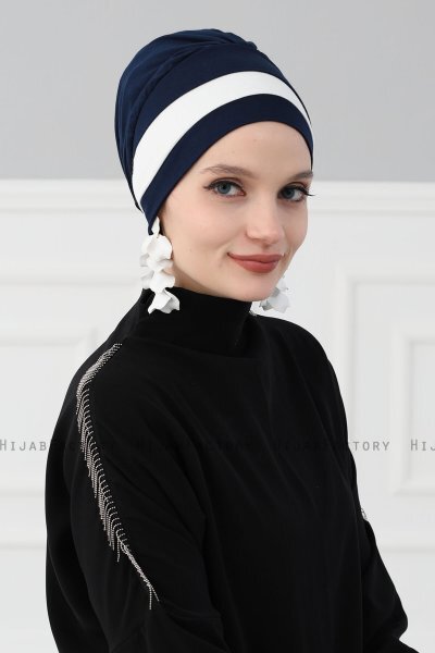 Elsa - Turbante Di Cotone Blu Navy & Creme