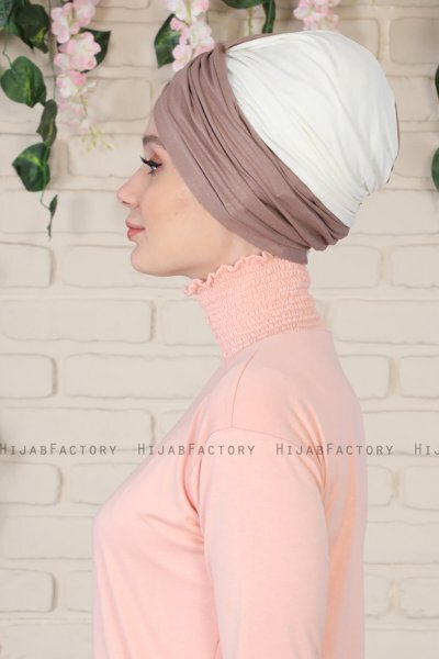 Fiona - Turbante Di Cotone Taupe Scuro & Creme