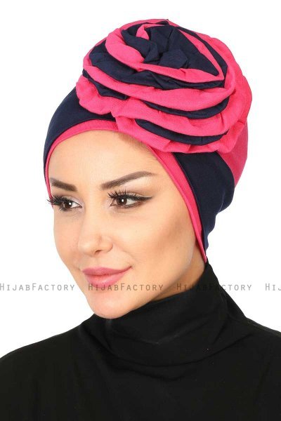 Clara - Turbante Di Cotone Blu Navy & Fucsia