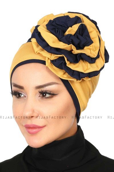 Clara - Turbante Di Cotone Mostarda & Blu Navy