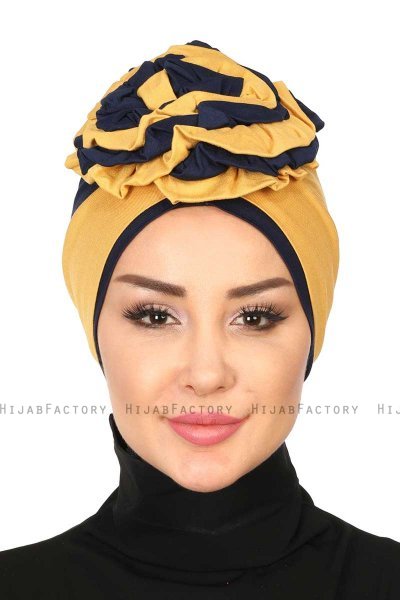 Clara - Turbante Di Cotone Mostarda & Blu Navy