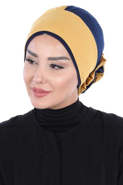 Clara - Turbante Di Cotone Mostarda & Blu Navy