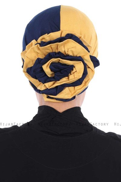 Clara - Turbante Di Cotone Mostarda & Blu Navy