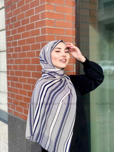 Dalal - Hijab Fantasia Di Crêpe Blu Navy & Creme