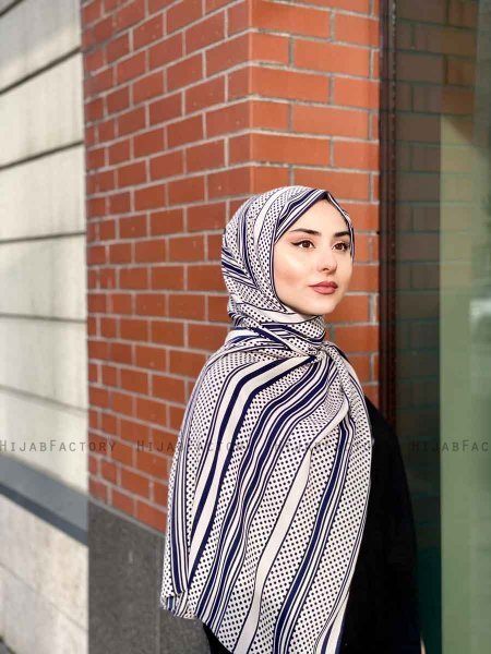 Dalal - Hijab Fantasia Di Crêpe Blu Navy & Creme