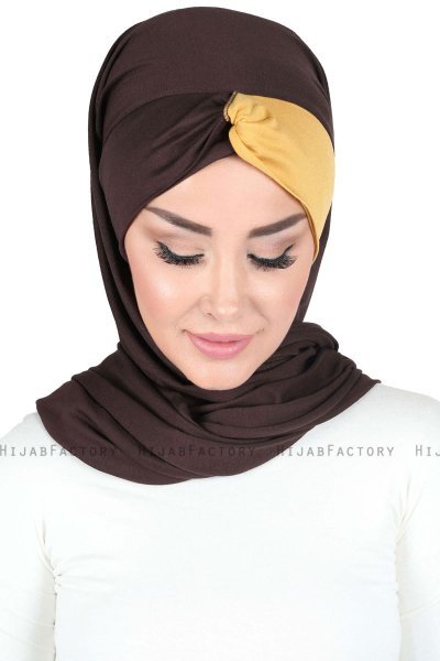 Mikaela - Hijab Cotone Pratico Marrone & Mostarda