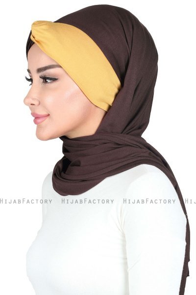 Mikaela - Hijab Cotone Pratico Marrone & Mostarda