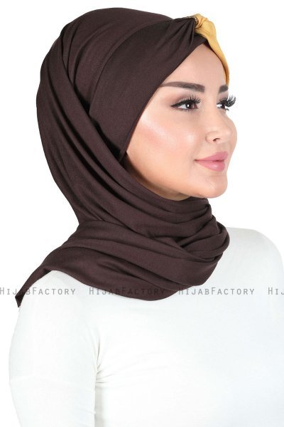 Mikaela - Hijab Cotone Pratico Marrone & Mostarda