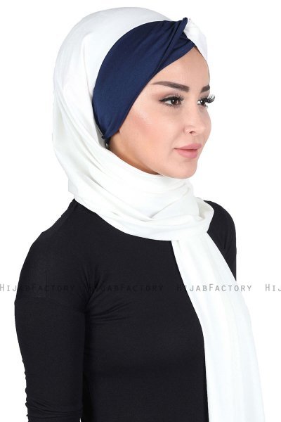 Mikaela - Hijab Cotone Pratico Creme & Blu Navy