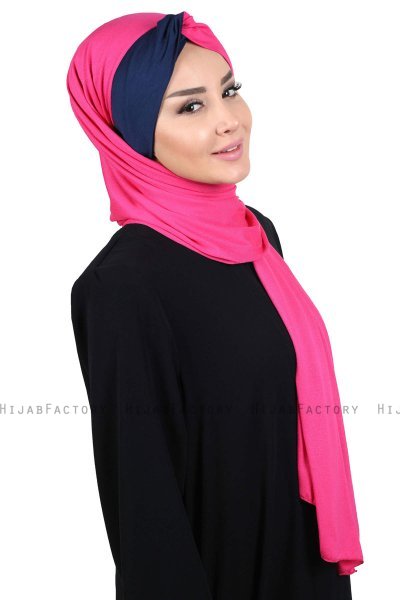 Mikaela - Hijab Cotone Pratico Fucsia & Blu Navy