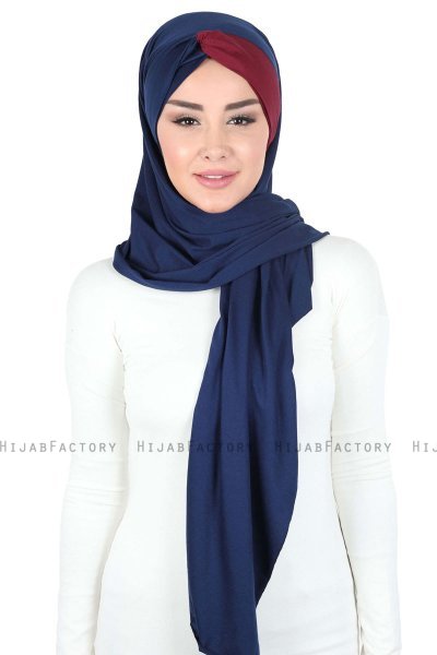 Mikaela - Hijab Cotone Pratico Blu Navy & Bordò