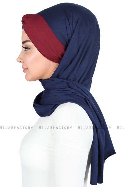 Mikaela - Hijab Cotone Pratico Blu Navy & Bordò