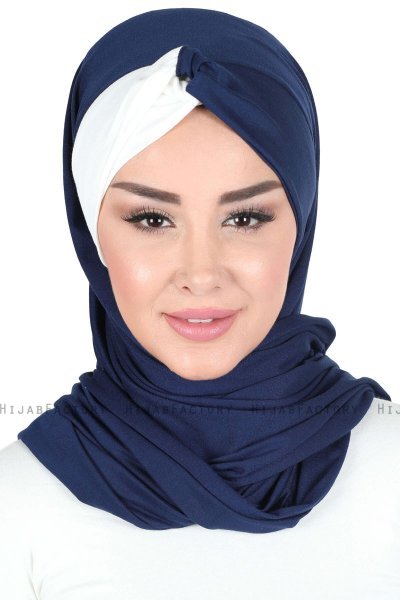 Mikaela - Hijab Cotone Pratico Blu Navy & Creme