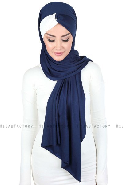 Mikaela - Hijab Cotone Pratico Blu Navy & Creme