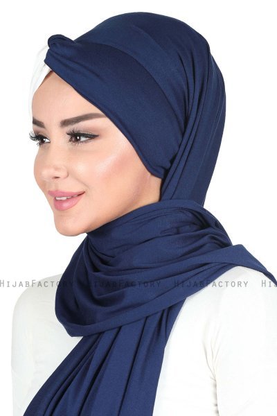 Mikaela - Hijab Cotone Pratico Blu Navy & Creme