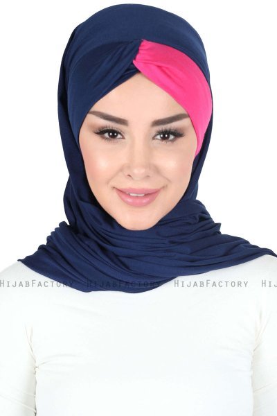 Mikaela - Hijab Cotone Pratico Blu Navy & Fucsia