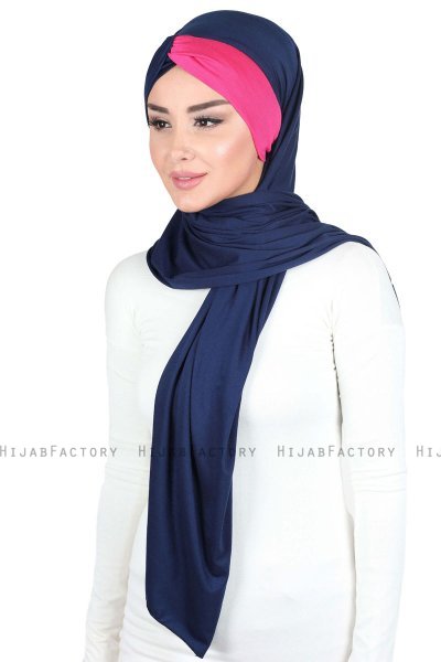 Mikaela - Hijab Cotone Pratico Blu Navy & Fucsia
