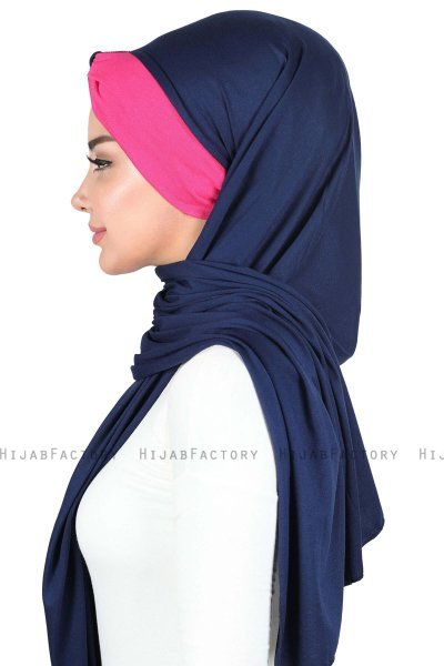Mikaela - Hijab Cotone Pratico Blu Navy & Fucsia