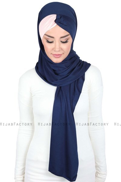 Mikaela - Hijab Cotone Pratico Blu Navy & Rosa Antico
