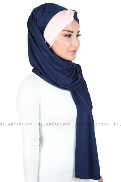 Mikaela - Hijab Cotone Pratico Blu Navy & Rosa Antico