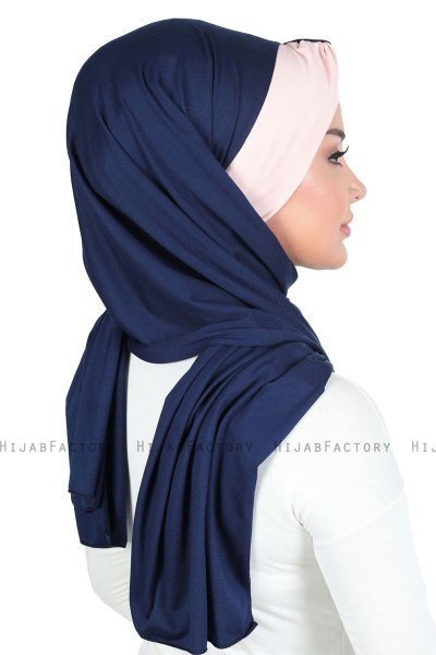 Mikaela - Hijab Cotone Pratico Blu Navy & Rosa Antico