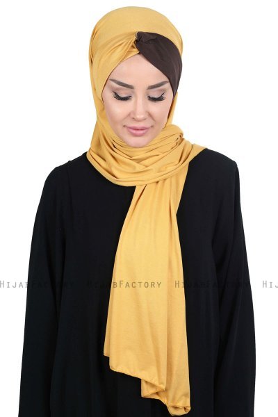 Mikaela - Hijab Cotone Pratico Mostarda & Marrone