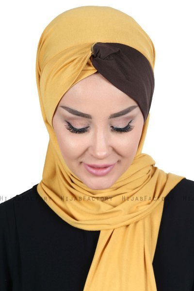 Mikaela - Hijab Cotone Pratico Mostarda & Marrone