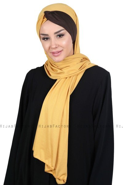 Mikaela - Hijab Cotone Pratico Mostarda & Marrone