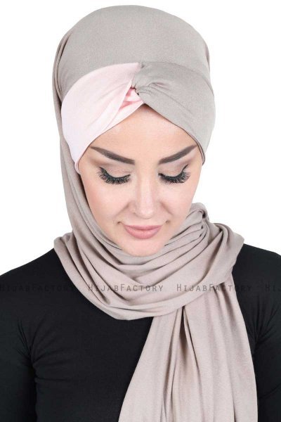 Mikaela - Hijab Cotone Pratico Taupe & Rosa Antico