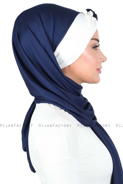 Mikaela - Hijab Cotone Pratico Blu Navy & Creme