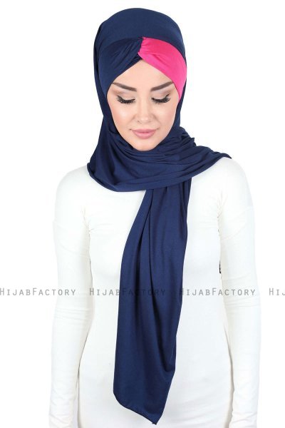 Mikaela - Hijab Cotone Pratico Blu Navy & Fucsia