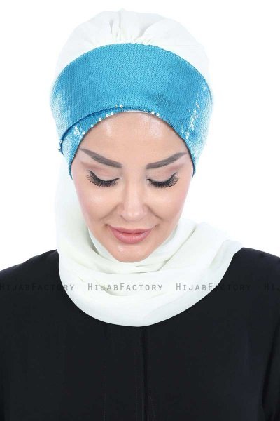 Olga - Hijab Pratico Bianco Sporco & Blu