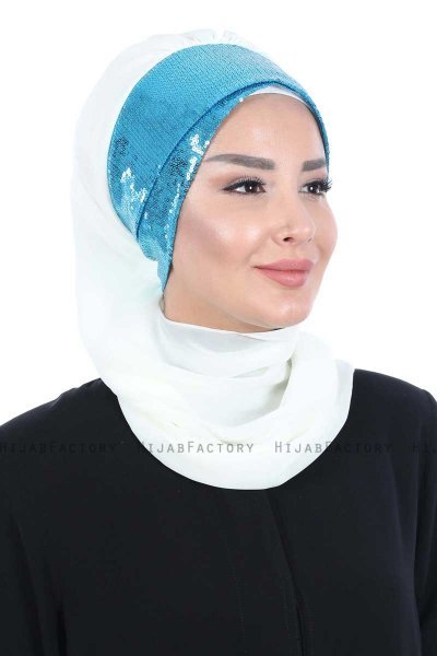 Olga - Hijab Pratico Bianco Sporco & Blu