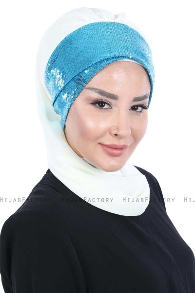Olga - Hijab Pratico Bianco Sporco & Blu