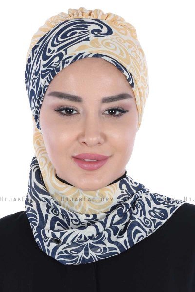 Regina - Turbante Chiffon Blu Navy & Giallo