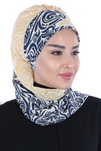 Regina - Turbante Chiffon Blu Navy & Giallo