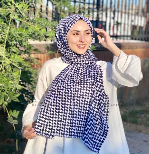Soheila - Hijab Di Cotone Fantasia Blu Navy & Bianca