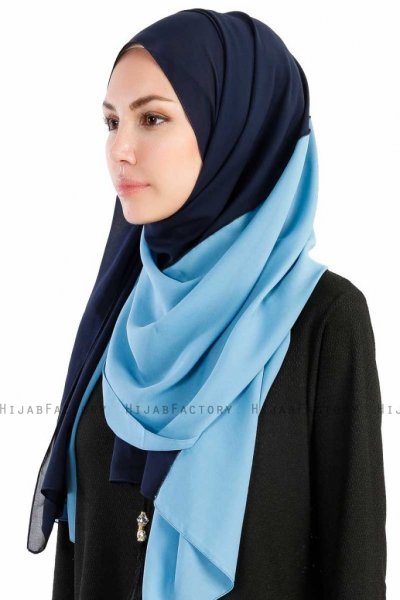 Yelda Marinblå & Ljusblå Chiffon Hijab Sjal Madame Polo 130039-2